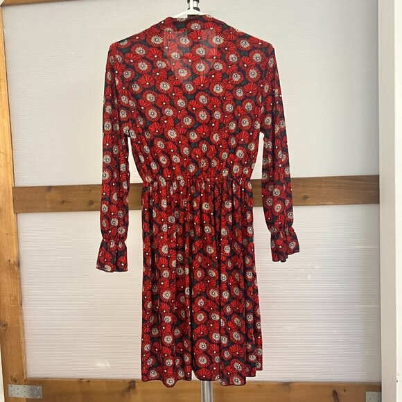 Modern Floral Geometric Pattern Tie Neck Lantern Sleeve Mini Dress Sz S No label - Picture 7 of 11